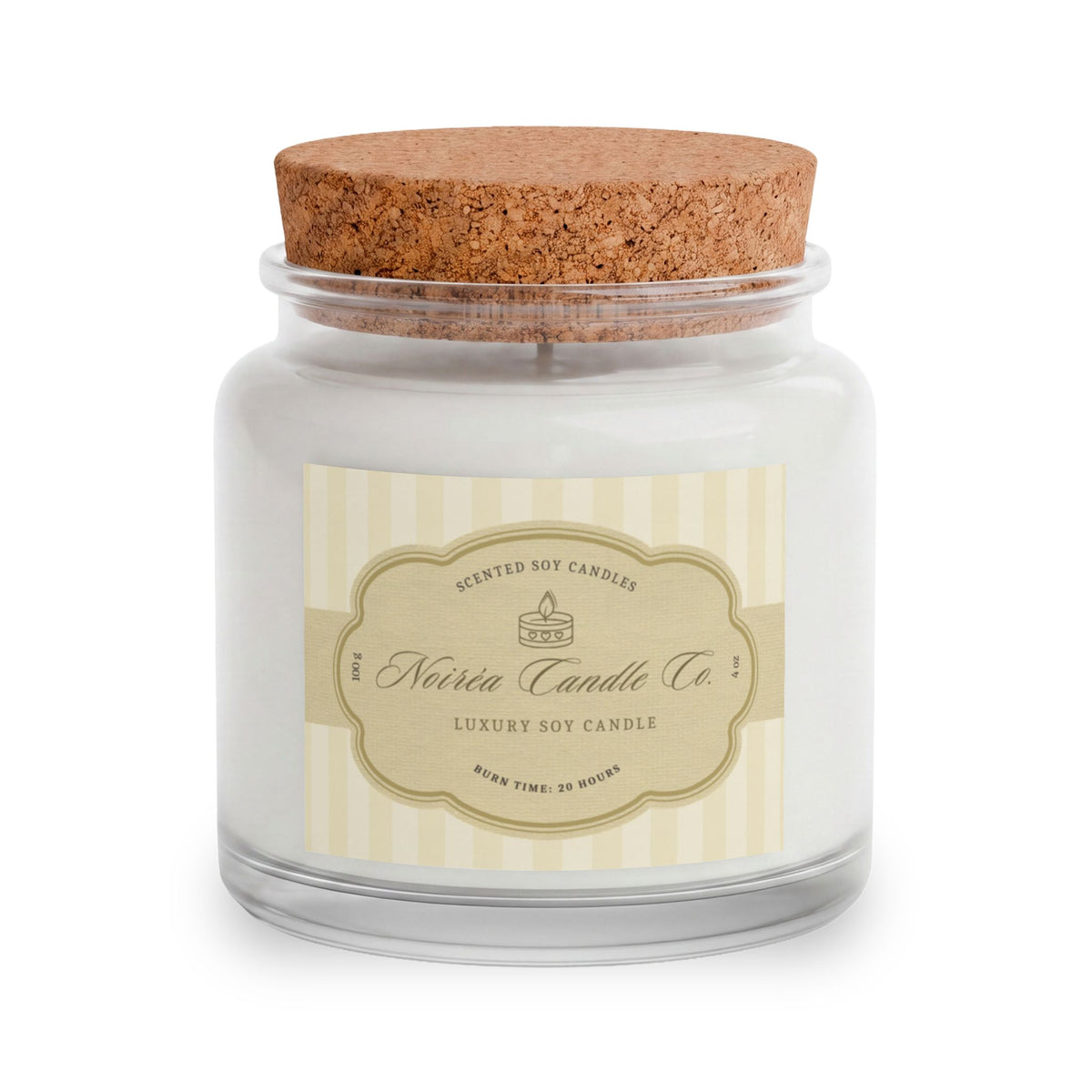 A Noiréa soy candle in a clear glass jar with white wax, a beige striped label, and a brown cork lid, shown on a white background.