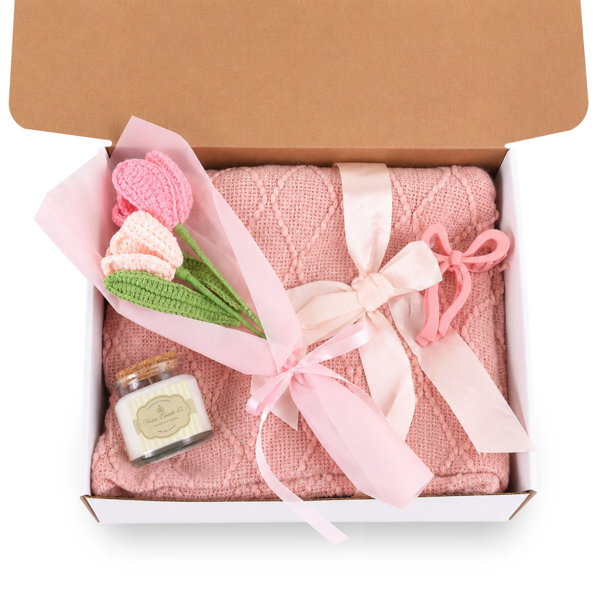 Noiréa Blush Bloom Candle Set | Candle, Blanket, Crochet Bouquet, Bow Clip